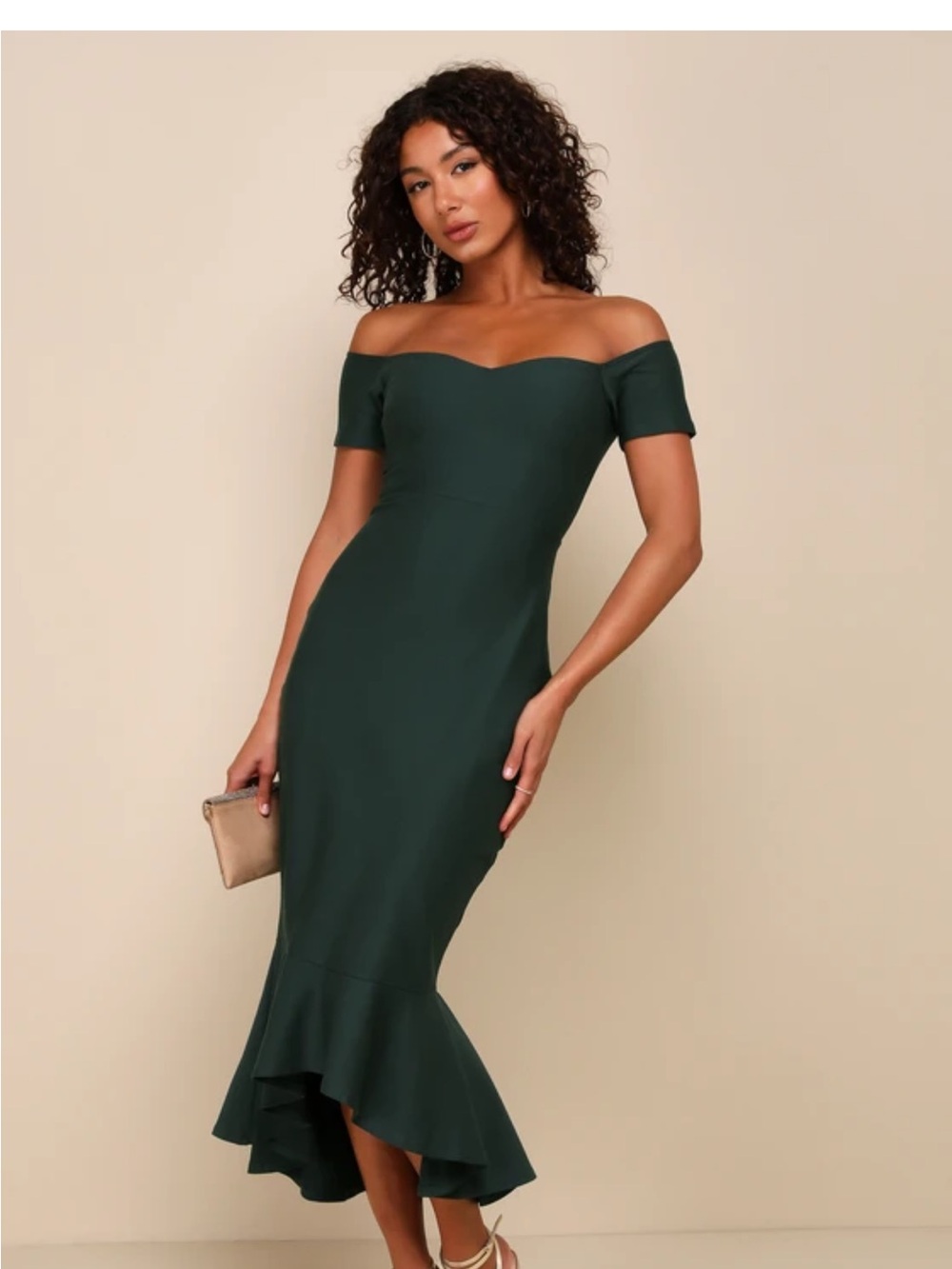 Lulu's How Much I Care Dark Green Off-the-Shoulder Midi